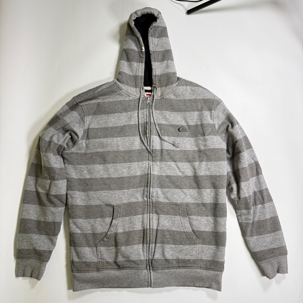 Quiksilver Flexin Hoodie Y2K Mens Large Grey Striped Sherpa Lined Flexin Zip Up